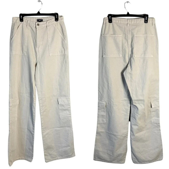 NWOT PrettyLittleThing Wide Leg Cargo Pants Women's 8 Tall Tan High Rise Neutral - Picture 1 of 13